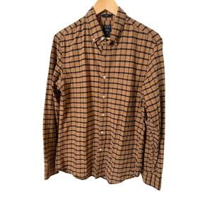J Crew Men's Slim Flex Oxford Button‎ Down Shirt Medium Brown Navy Blue Plaid